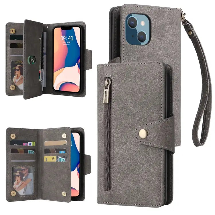 Rivet Buckle 9 Cards Three Fold Leather Phone Case For iPhone 14 For iPhone 14 Plus For iPhone 14 Pro For iPhone 14 Pro