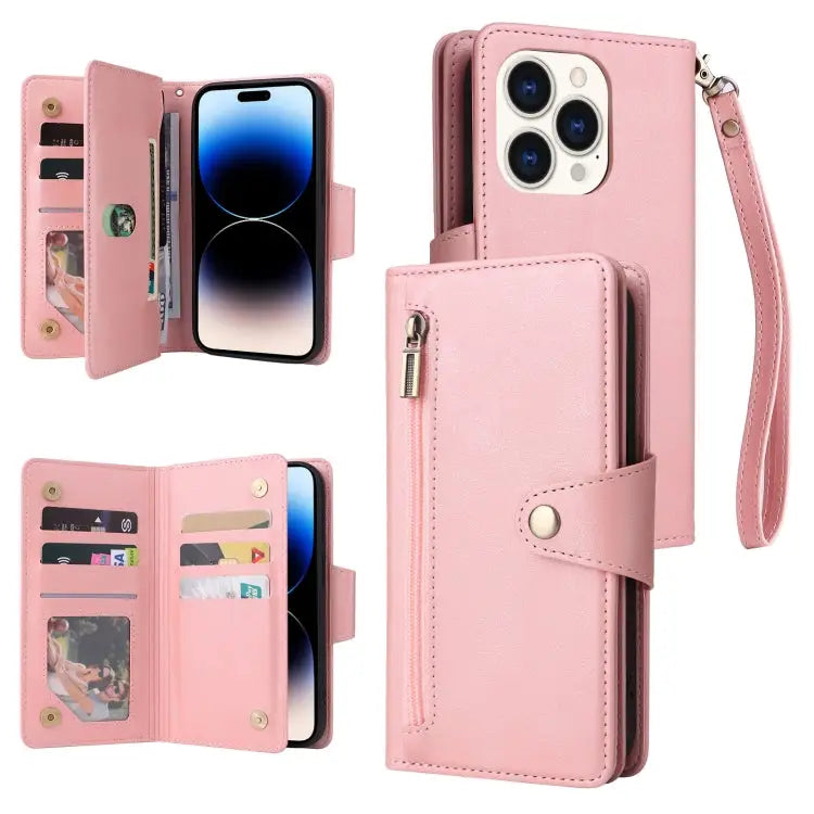 Rivet Buckle 9 Cards Three Fold Leather Phone Case For iPhone 14 For iPhone 14 Plus For iPhone 14 Pro For iPhone 14 Pro