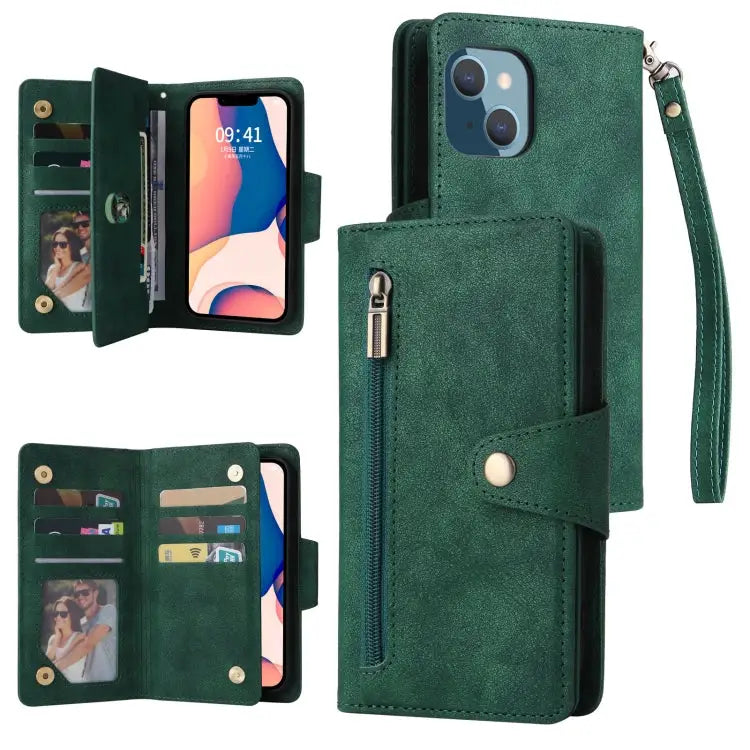 Rivet Buckle 9 Cards Three Fold Leather Phone Case For iPhone 14 For iPhone 14 Plus For iPhone 14 Pro For iPhone 14 Pro
