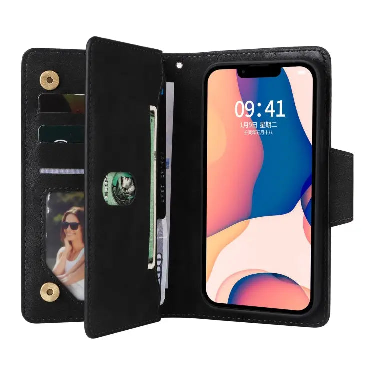 Rivet Buckle 9 Cards Three Fold Leather Phone Case For iPhone 14 For iPhone 14 Plus For iPhone 14 Pro For iPhone 14 Pro