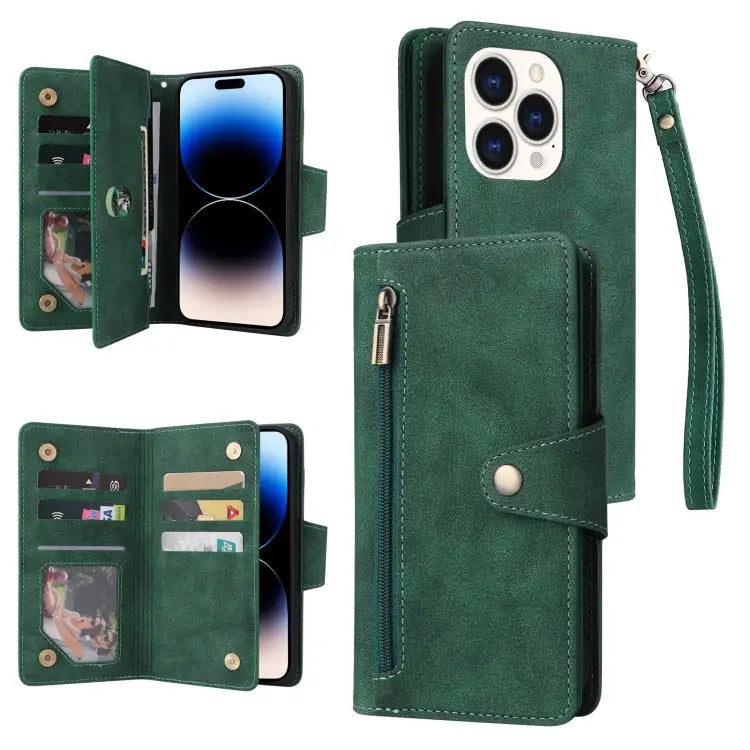 Rivet Buckle 9 Cards Three Fold Leather Phone Case For iPhone 14 For iPhone 14 Plus For iPhone 14 Pro For iPhone 14 Pro