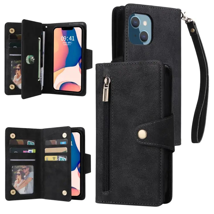 Rivet Buckle 9 Cards Three Fold Leather Phone Case For iPhone 14 For iPhone 14 Plus For iPhone 14 Pro For iPhone 14 Pro