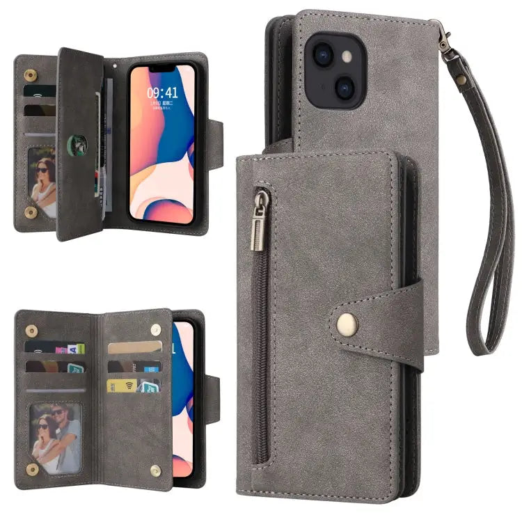 Rivet Buckle 9 Cards Three Fold Leather Phone Case For iPhone 14 For iPhone 14 Plus For iPhone 14 Pro For iPhone 14 Pro