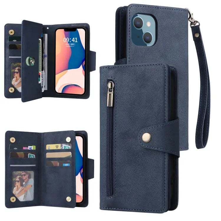 Rivet Buckle 9 Cards Three Fold Leather Phone Case For iPhone 14 For iPhone 14 Plus For iPhone 14 Pro For iPhone 14 Pro