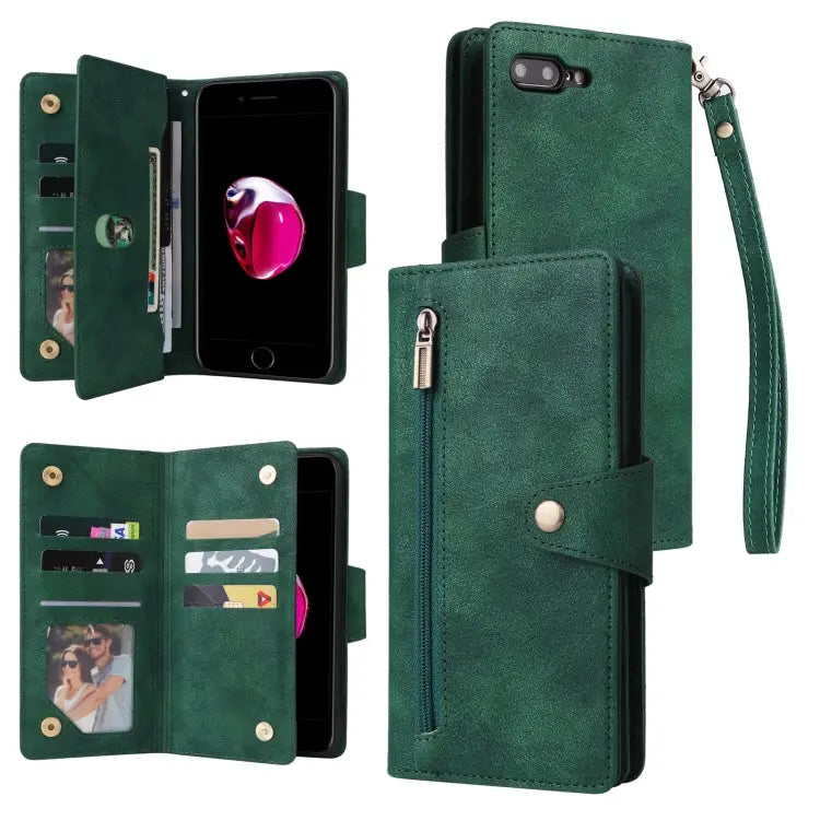 Rivet Buckle 9 Cards Three Fold Leather Phone Case For iPhone 7/8/SE 2020 For iPhone 7 Plus/8 Plus For iPhone 11
