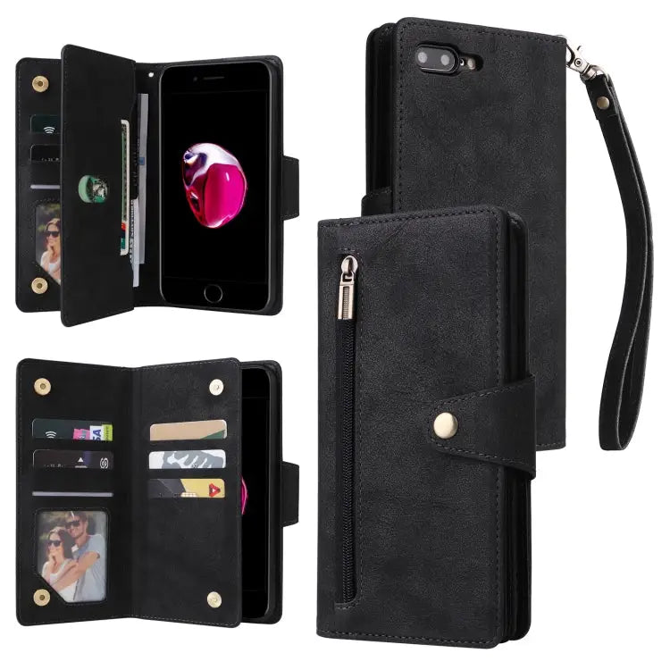 Rivet Buckle 9 Cards Three Fold Leather Phone Case For iPhone 7/8/SE 2020 For iPhone 7 Plus/8 Plus For iPhone 11