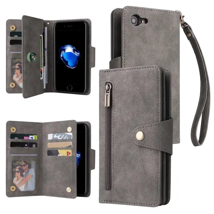 Rivet Buckle 9 Cards Three Fold Leather Phone Case For iPhone 7/8/SE 2020 For iPhone 7 Plus/8 Plus For iPhone 11