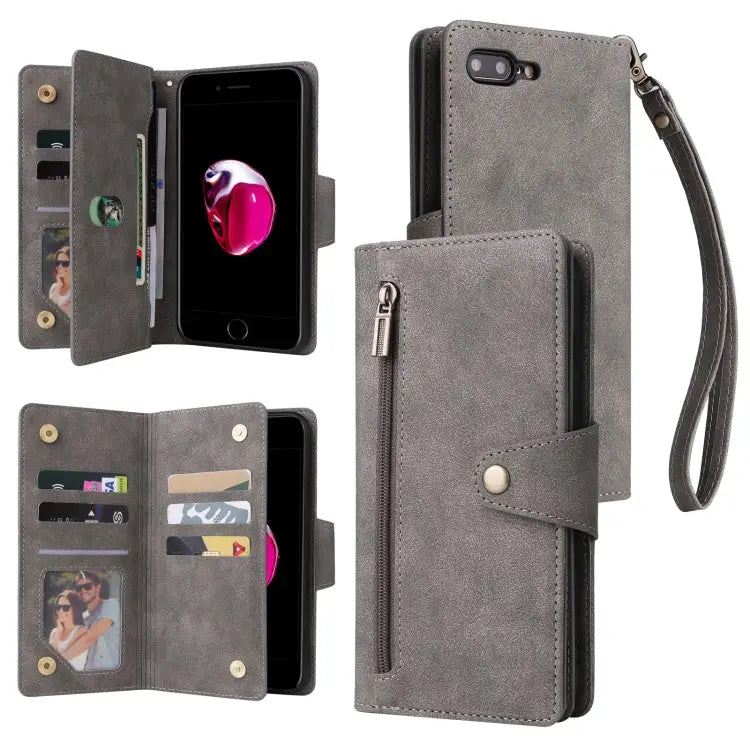 Rivet Buckle 9 Cards Three Fold Leather Phone Case For iPhone 7/8/SE 2020 For iPhone 7 Plus/8 Plus For iPhone 11