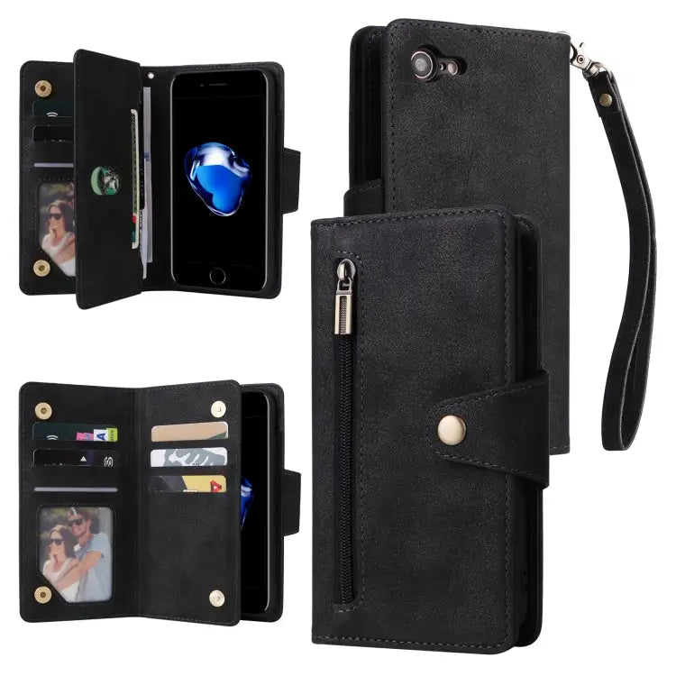 Rivet Buckle 9 Cards Three Fold Leather Phone Case For iPhone 7/8/SE 2020 For iPhone 7 Plus/8 Plus For iPhone 11