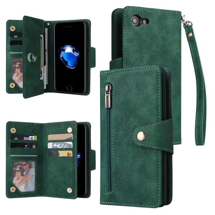 Rivet Buckle 9 Cards Three Fold Leather Phone Case For iPhone 7/8/SE 2020 For iPhone 7 Plus/8 Plus For iPhone 11