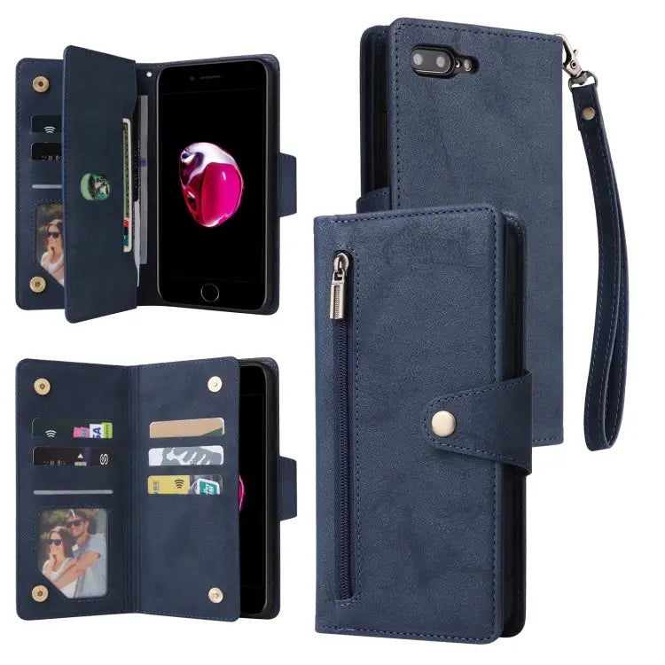 Rivet Buckle 9 Cards Three Fold Leather Phone Case For iPhone 7/8/SE 2020 For iPhone 7 Plus/8 Plus For iPhone 11