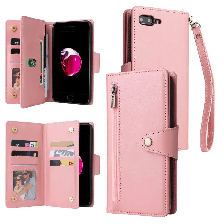 Rivet Buckle 9 Cards Three Fold Leather Phone Case For iPhone 7/8/SE 2020 For iPhone 7 Plus/8 Plus For iPhone 11