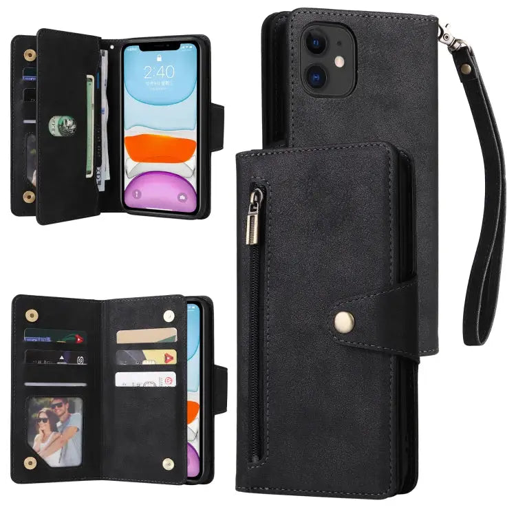 Rivet Buckle 9 Cards Three Fold Leather Phone Case For iPhone 7/8/SE 2020 For iPhone 7 Plus/8 Plus For iPhone 11
