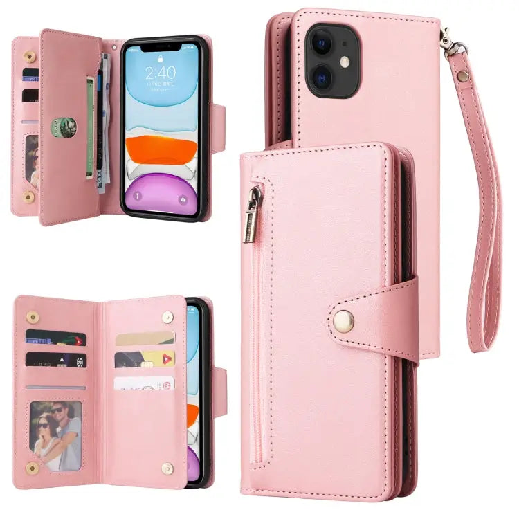 Rivet Buckle 9 Cards Three Fold Leather Phone Case For iPhone 7/8/SE 2020 For iPhone 7 Plus/8 Plus For iPhone 11