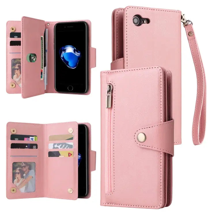 Rivet Buckle 9 Cards Three Fold Leather Phone Case For iPhone 7/8/SE 2020 For iPhone 7 Plus/8 Plus For iPhone 11