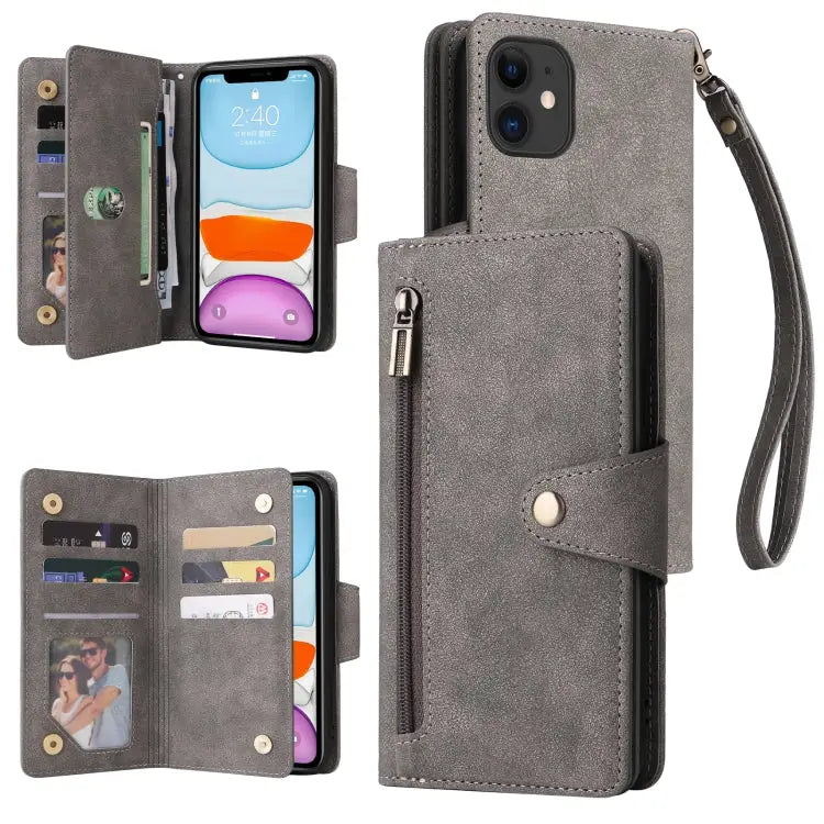 Rivet Buckle 9 Cards Three Fold Leather Phone Case For iPhone 7/8/SE 2020 For iPhone 7 Plus/8 Plus For iPhone 11