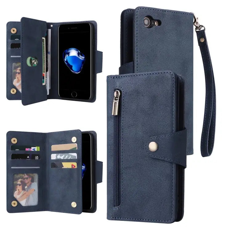 Rivet Buckle 9 Cards Three Fold Leather Phone Case For iPhone 7/8/SE 2020 For iPhone 7 Plus/8 Plus For iPhone 11