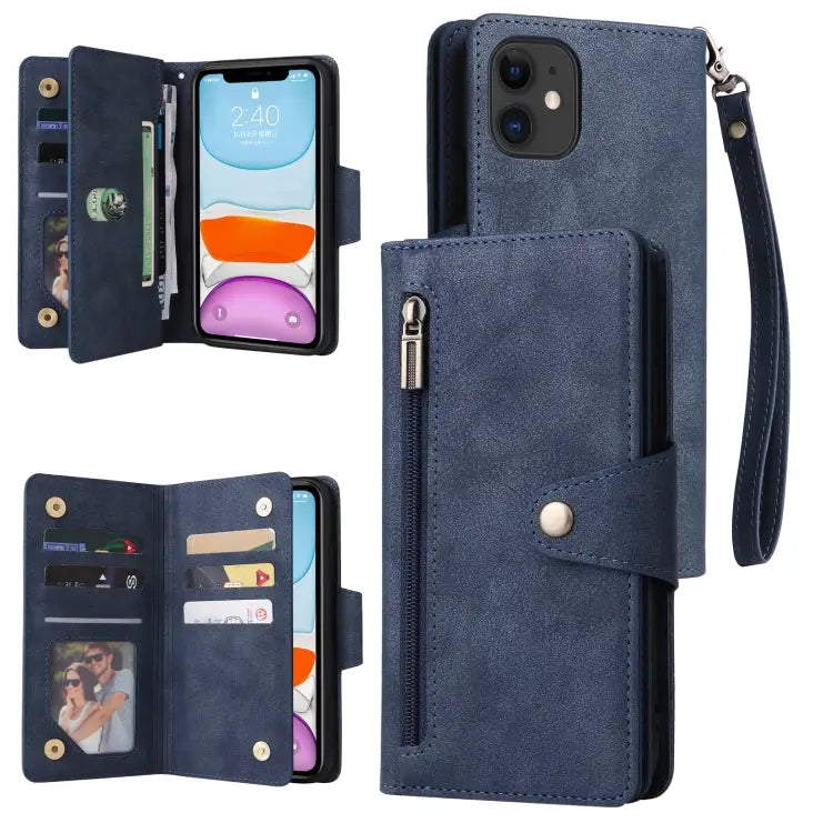 Rivet Buckle 9 Cards Three Fold Leather Phone Case For iPhone 7/8/SE 2020 For iPhone 7 Plus/8 Plus For iPhone 11