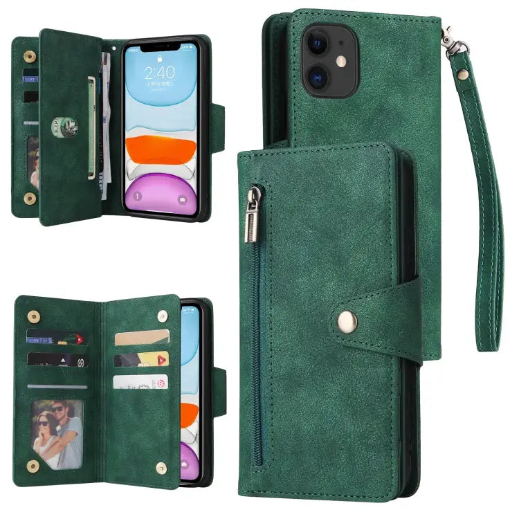 Rivet Buckle 9 Cards Three Fold Leather Phone Case For iPhone 7/8/SE 2020 For iPhone 7 Plus/8 Plus For iPhone 11