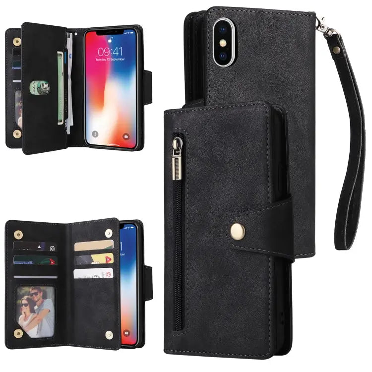Rivet Buckle 9 Cards Three Fold Leather Phone Case For iPhone X/XS For iPhone XR For iPhone XS Max For iPhone 11 Pro