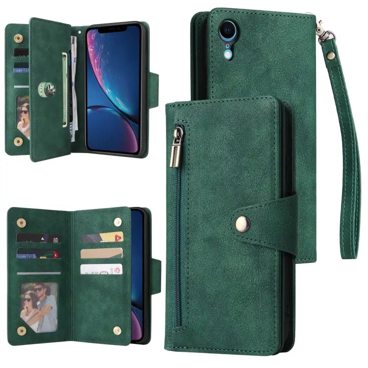 Rivet Buckle 9 Cards Three Fold Leather Phone Case For iPhone X/XS For iPhone XR For iPhone XS Max For iPhone 11 Pro