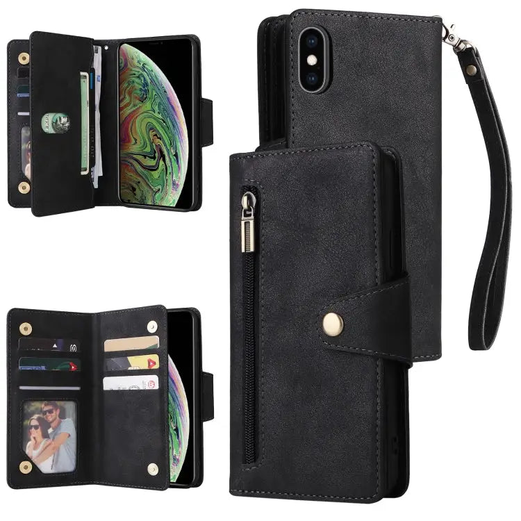 Rivet Buckle 9 Cards Three Fold Leather Phone Case For iPhone X/XS For iPhone XR For iPhone XS Max For iPhone 11 Pro
