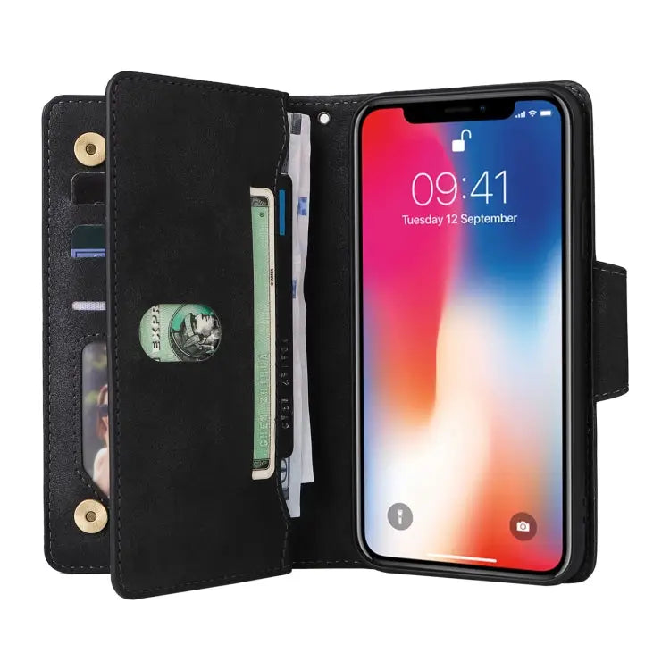 Rivet Buckle 9 Cards Three Fold Leather Phone Case For iPhone X/XS For iPhone XR For iPhone XS Max For iPhone 11 Pro