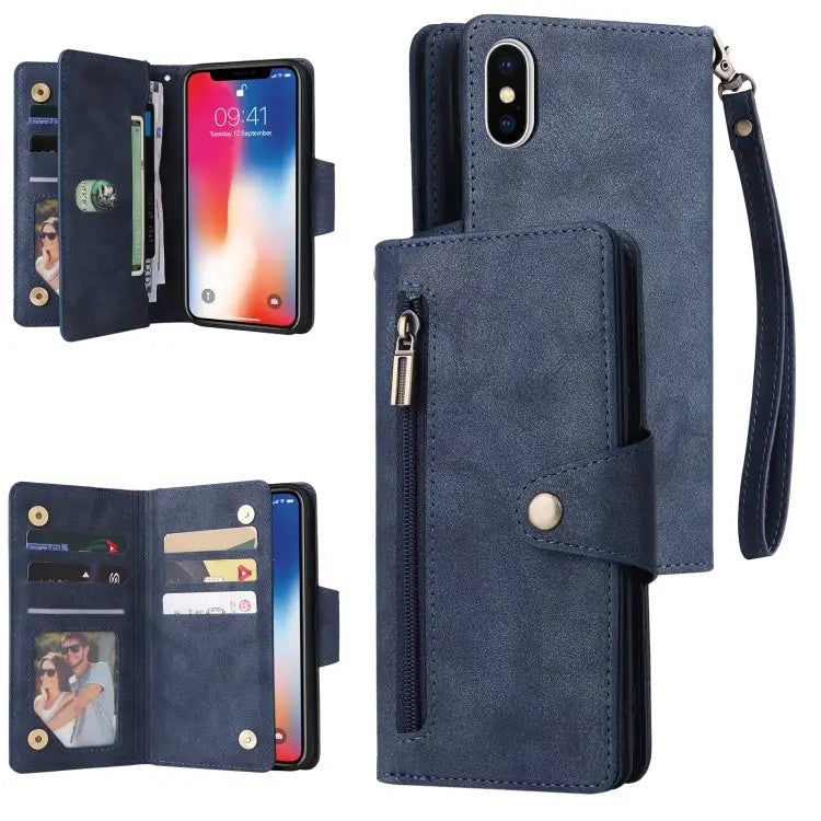 Rivet Buckle 9 Cards Three Fold Leather Phone Case For iPhone X/XS For iPhone XR For iPhone XS Max For iPhone 11 Pro