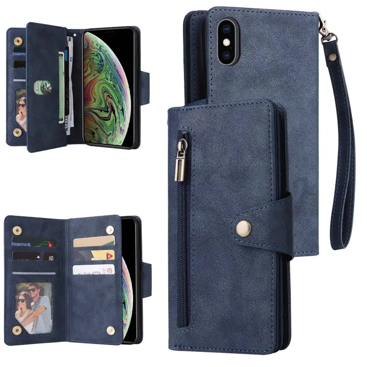 Rivet Buckle 9 Cards Three Fold Leather Phone Case For iPhone X/XS For iPhone XR For iPhone XS Max For iPhone 11 Pro