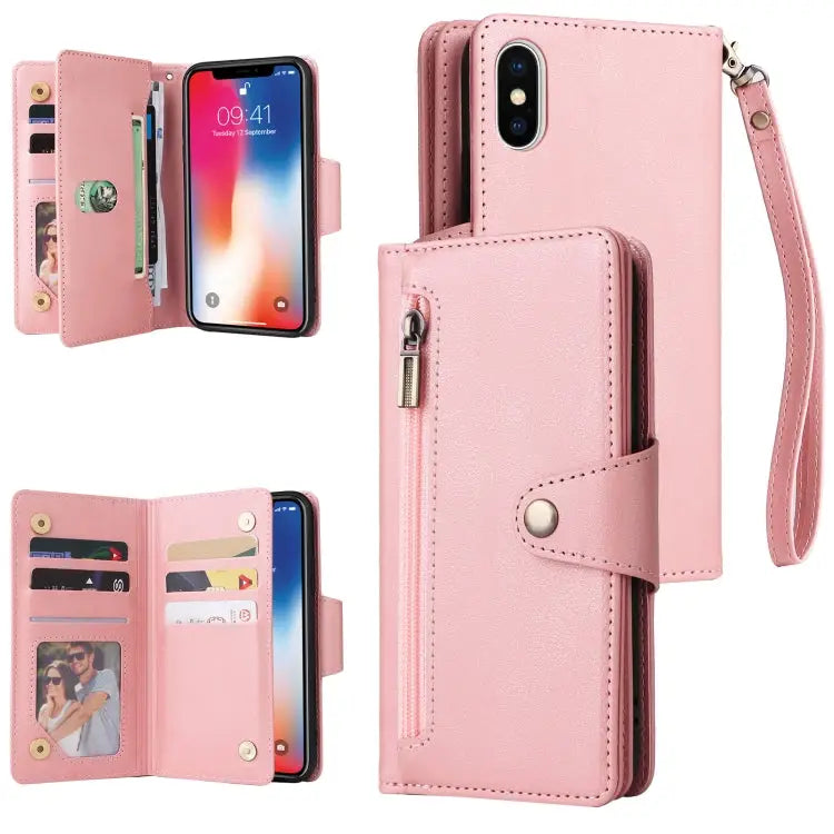 Rivet Buckle 9 Cards Three Fold Leather Phone Case For iPhone X/XS For iPhone XR For iPhone XS Max For iPhone 11 Pro
