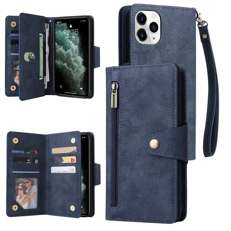 Rivet Buckle 9 Cards Three Fold Leather Phone Case For iPhone X/XS For iPhone XR For iPhone XS Max For iPhone 11 Pro