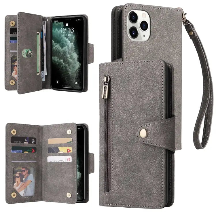 Rivet Buckle 9 Cards Three Fold Leather Phone Case For iPhone X/XS For iPhone XR For iPhone XS Max For iPhone 11 Pro