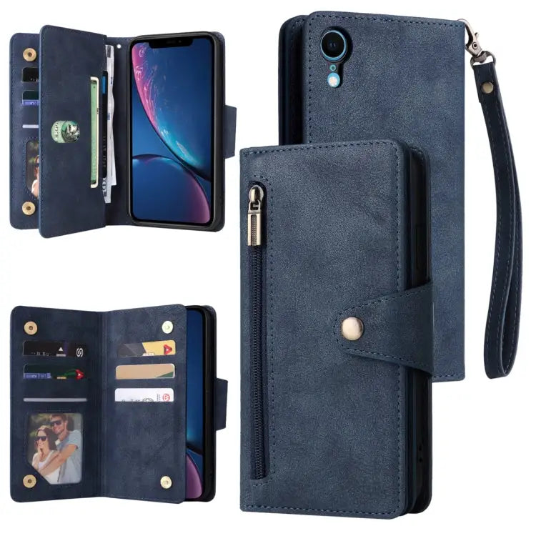 Rivet Buckle 9 Cards Three Fold Leather Phone Case For iPhone X/XS For iPhone XR For iPhone XS Max For iPhone 11 Pro