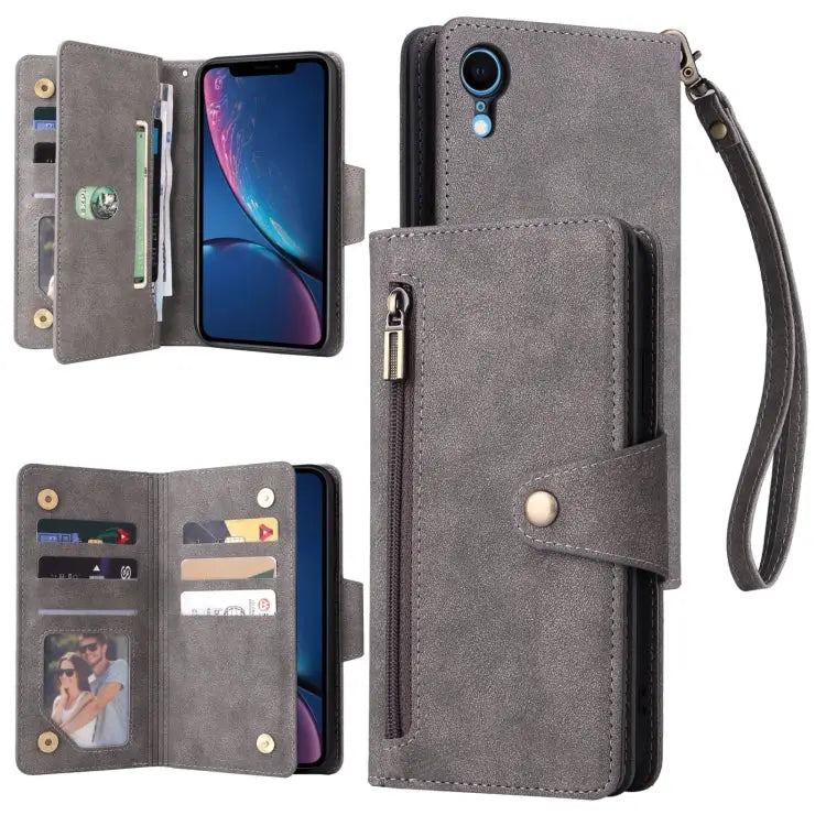 Rivet Buckle 9 Cards Three Fold Leather Phone Case For iPhone X/XS For iPhone XR For iPhone XS Max For iPhone 11 Pro