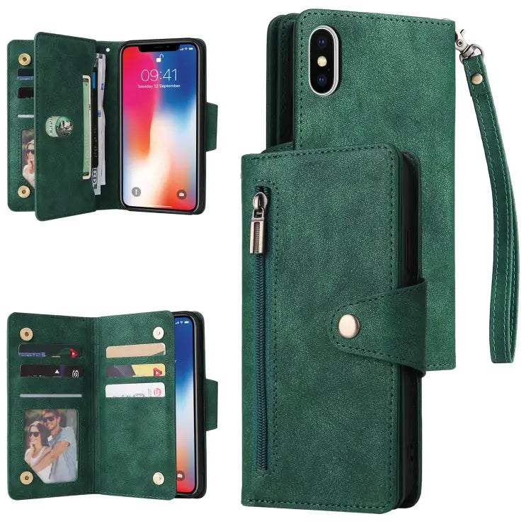 Rivet Buckle 9 Cards Three Fold Leather Phone Case For iPhone X/XS For iPhone XR For iPhone XS Max For iPhone 11 Pro