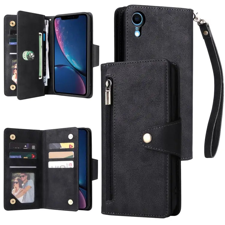 Rivet Buckle 9 Cards Three Fold Leather Phone Case For iPhone X/XS For iPhone XR For iPhone XS Max For iPhone 11 Pro