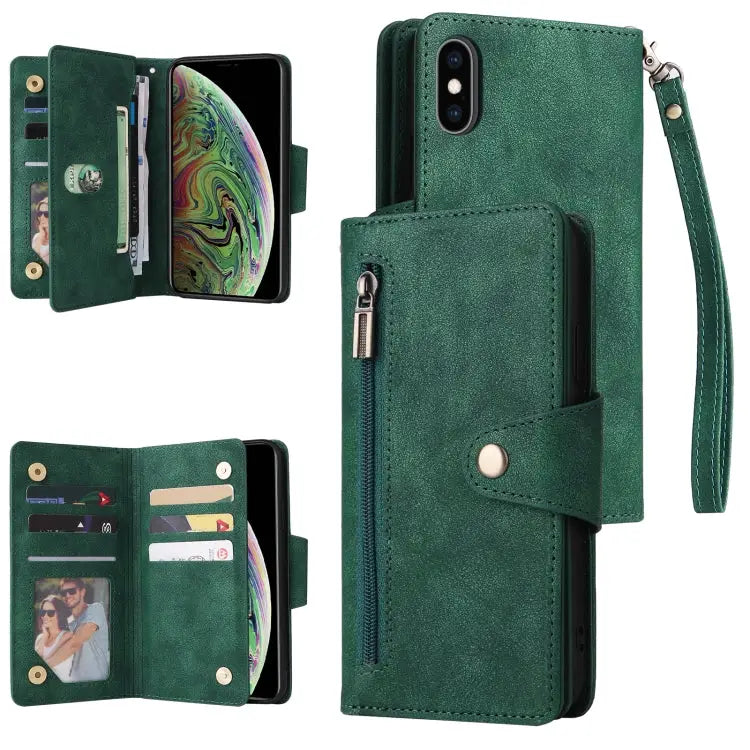 Rivet Buckle 9 Cards Three Fold Leather Phone Case For iPhone X/XS For iPhone XR For iPhone XS Max For iPhone 11 Pro