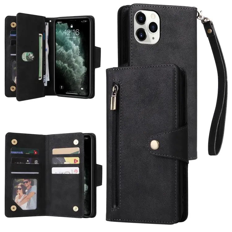 Rivet Buckle 9 Cards Three Fold Leather Phone Case For iPhone X/XS For iPhone XR For iPhone XS Max For iPhone 11 Pro