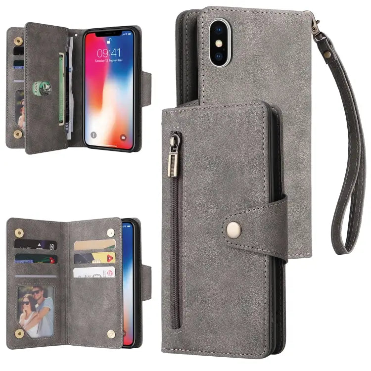 Rivet Buckle 9 Cards Three Fold Leather Phone Case For iPhone X/XS For iPhone XR For iPhone XS Max For iPhone 11 Pro
