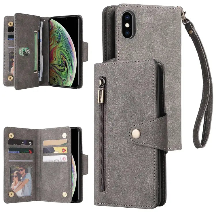 Rivet Buckle 9 Cards Three Fold Leather Phone Case For iPhone X/XS For iPhone XR For iPhone XS Max For iPhone 11 Pro