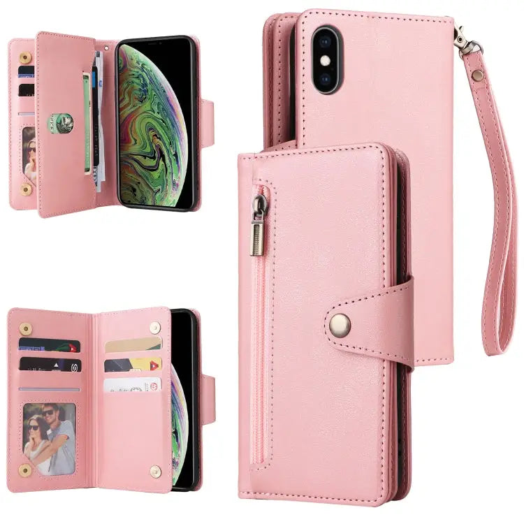 Rivet Buckle 9 Cards Three Fold Leather Phone Case For iPhone X/XS For iPhone XR For iPhone XS Max For iPhone 11 Pro