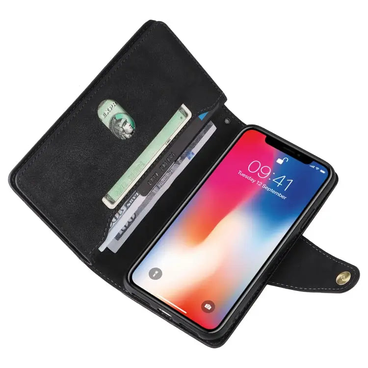 Rivet Buckle 9 Cards Three Fold Leather Phone Case For iPhone X/XS For iPhone XR For iPhone XS Max For iPhone 11 Pro