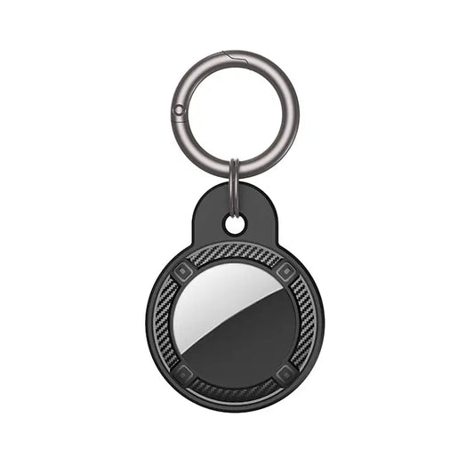 Round Shape Carbon Fiber Anti-fall Case with Keychain Ring for AirTag - Black - Apple Accessories