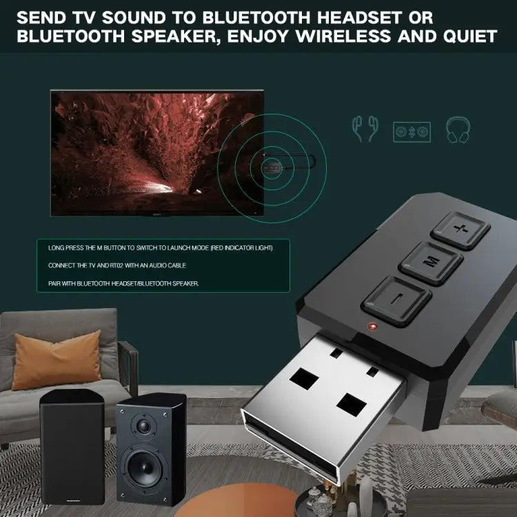 RT02 USB Bluetooth Audio Adapter Receives Transmits 2-in-1 Bluetooth 5.0 Hands-free Talk Car Bluetooth Receiver