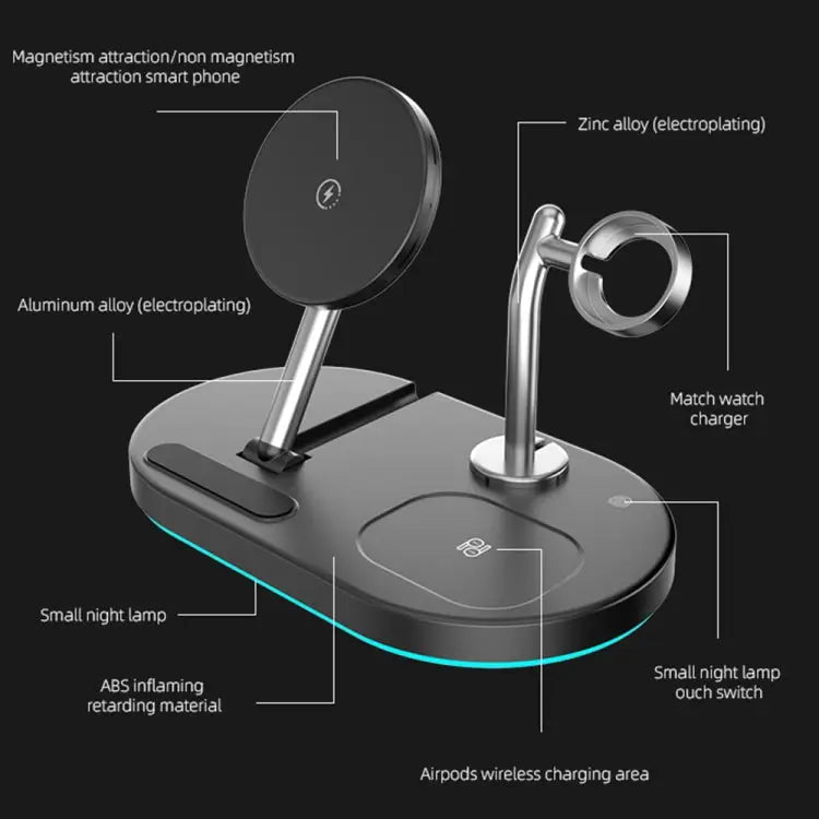 S20 4 in 1 15W Multifunctional Magnetic Wireless Charger with Night Light & Holder for Mobile Phones / AirPods - S20