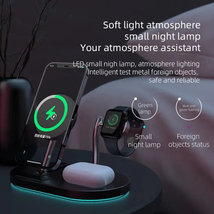 S20 4 in 1 15W Multifunctional Magnetic Wireless Charger with Night Light & Holder for Mobile Phones / AirPods - S20