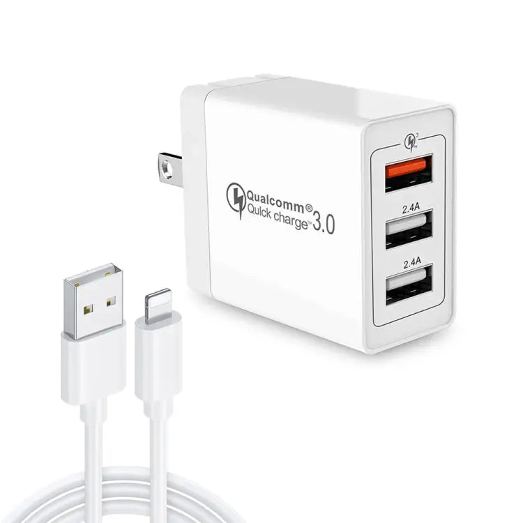 SDC-30W 2 in 1 USB to 8 Pin Data Cable + 30W QC 3.0 USB + 2.4A Dual USB 2.0 Ports Mobile Phone Tablet PC Universal