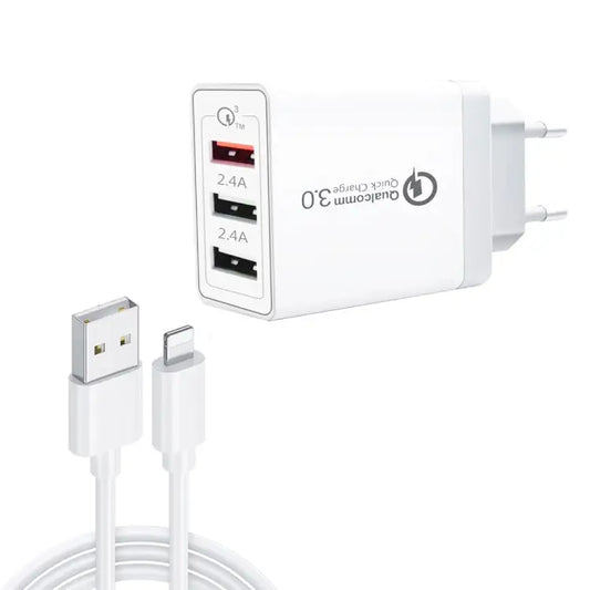 SDC-30W 2 in 1 USB to 8 Pin Data Cable + 30W QC 3.0 USB + 2.4A Dual USB 2.0 Ports Mobile Phone Tablet PC Universal