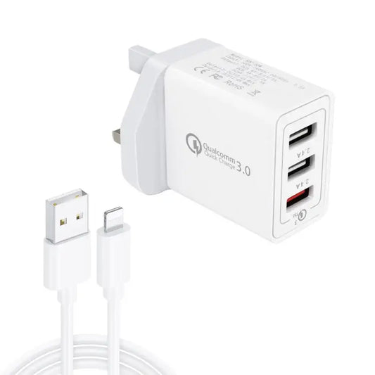 SDC-30W 2 in 1 USB to 8 Pin Data Cable + 30W QC 3.0 USB + 2.4A Dual USB 2.0 Ports Mobile Phone Tablet PC Universal