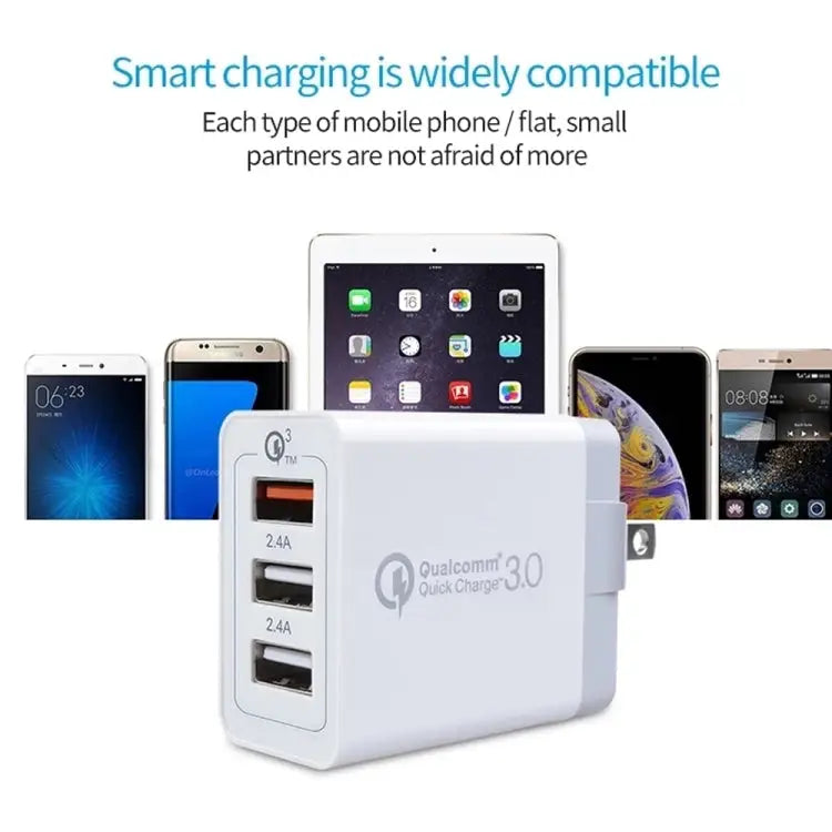 SDC-30W 2 in 1 USB to 8 Pin Data Cable + 30W QC 3.0 USB + 2.4A Dual USB 2.0 Ports Mobile Phone Tablet PC Universal